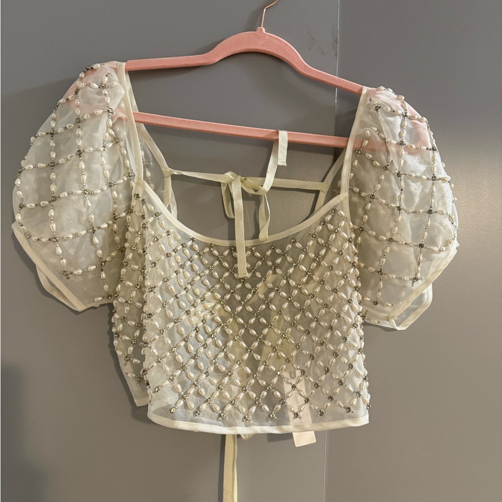 Anthropologie Cream Beaded Puff-Sleeve Crop Top